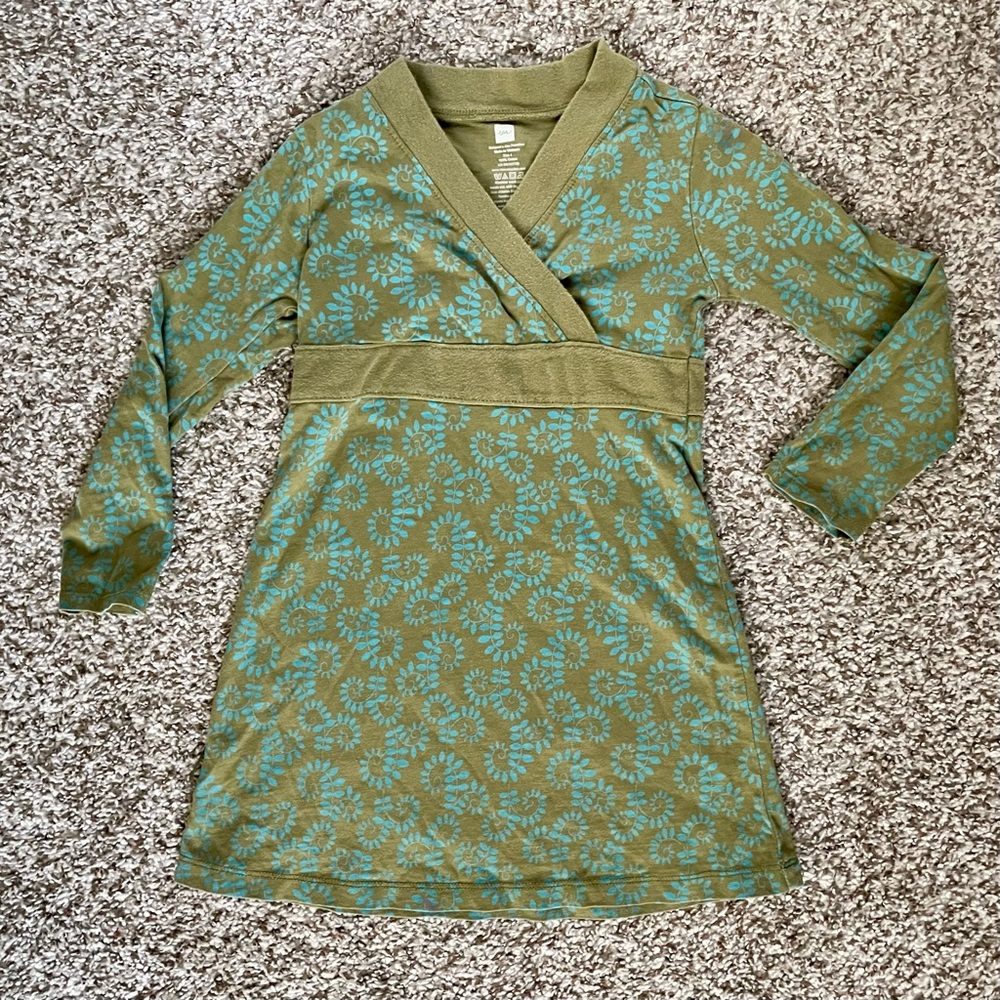 Tea Collection Girls Green & Aqua Casual Floral Cotton Dress Size 4